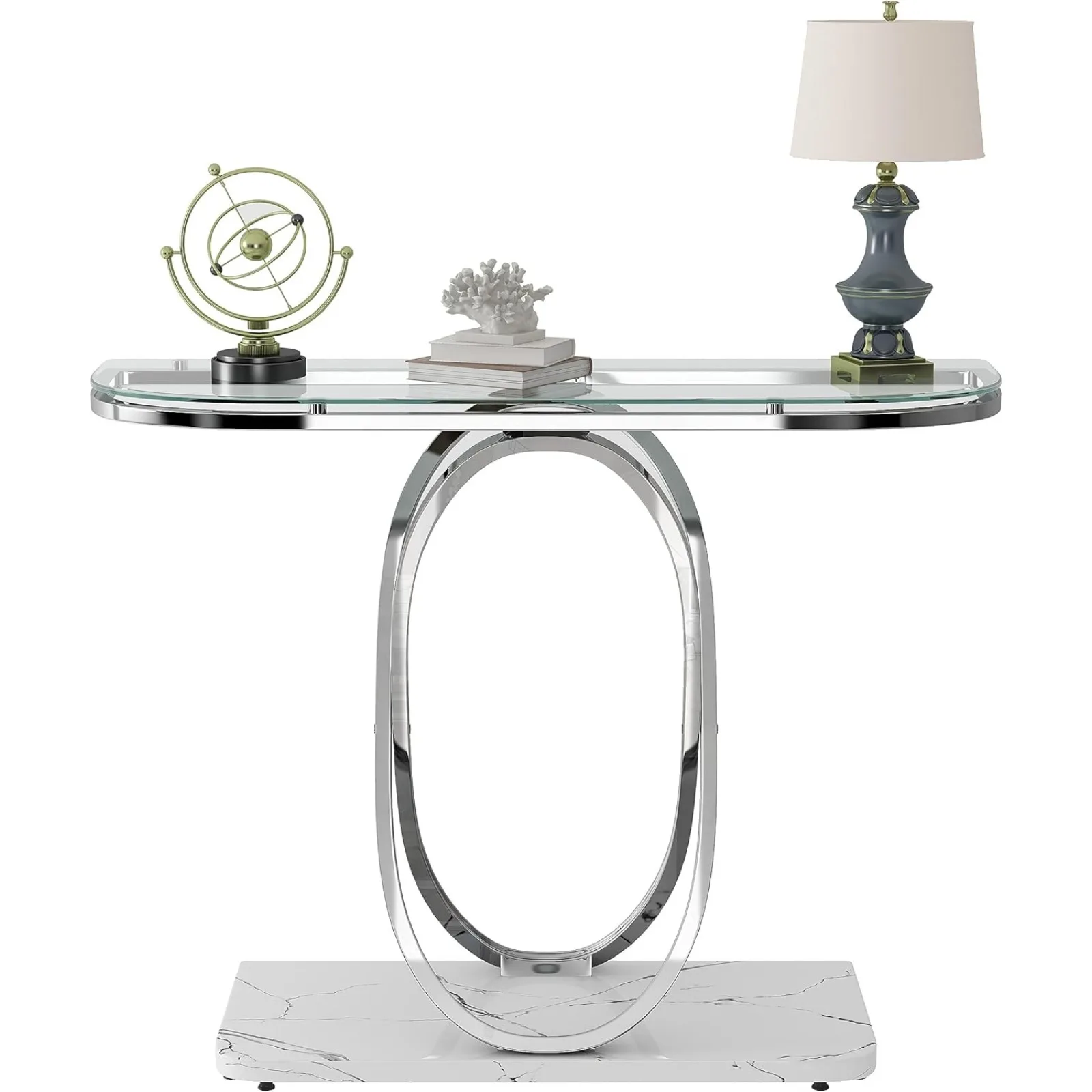 US Glass Console Tables for Entryway,Silver Entryway Table with Oval Frames and Marble Base,Chrome Entrance Table Glass Sofa