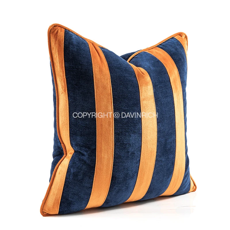 DAVINRICH FF Casa Orange Navy Blue Striped Throw Pillow Cover European Luxury Chenille Texture Cushion Case For Sofa Couch Bed