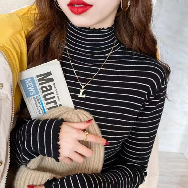 2025 Autumn And Winter New Striped Turtleneck Fungus Edge Bottoming Shirt Women's Knitted Sweater With Foreign Style Top