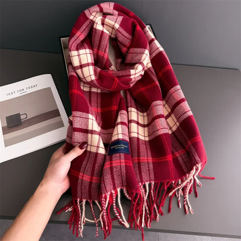 

Vintage Plaid Winter Warm Women's Cashmere Scarf Shawls and Wraps Thicked Pashmina Female Blanket Scarves