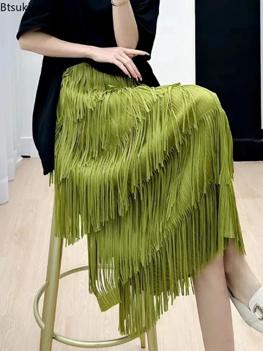 New 2025 Women's Sweet A-line Skirt Solid Tassel Design Elastic Waist Club Party Long Skirts for Women Pleated Mid-length Skirt