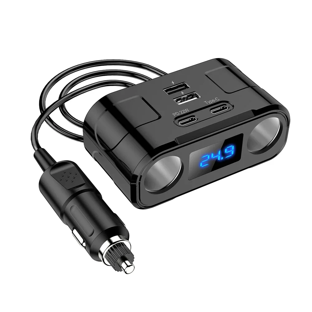 Car Cigarette Lighter Socket PD 22W Cigarette Lighter Splitter 2 USB 2 Type C Cigarette Lighter Adapter 2 Socket Digital Display