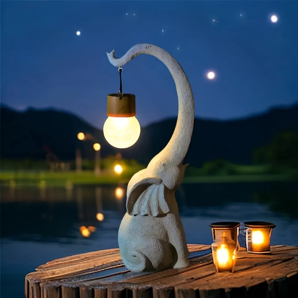 1pc White Elephant Cracked Glass Ball Solar Small Chandelier Resin Statue Ornament Lamp, suitable for garden, courtyard, lawn