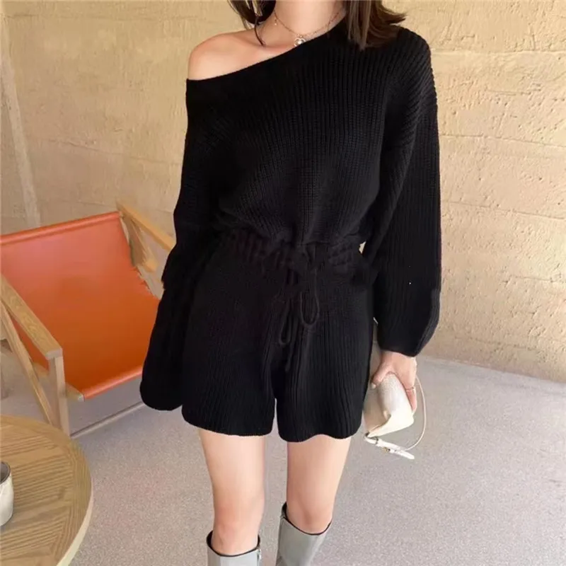 NEW Chic Autumn Winter Crew Neck Knitted Long Women Wide-leg Sleeved Jumpsuit Shorts Drawstring Rompers Slim Korean Outfit