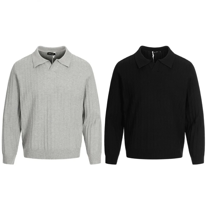 

Новинка 2025 года, мужской серый вязаный свитер с воротником-поло, текстурированный дизайн, осенний топ, модная удобная мужская одежда