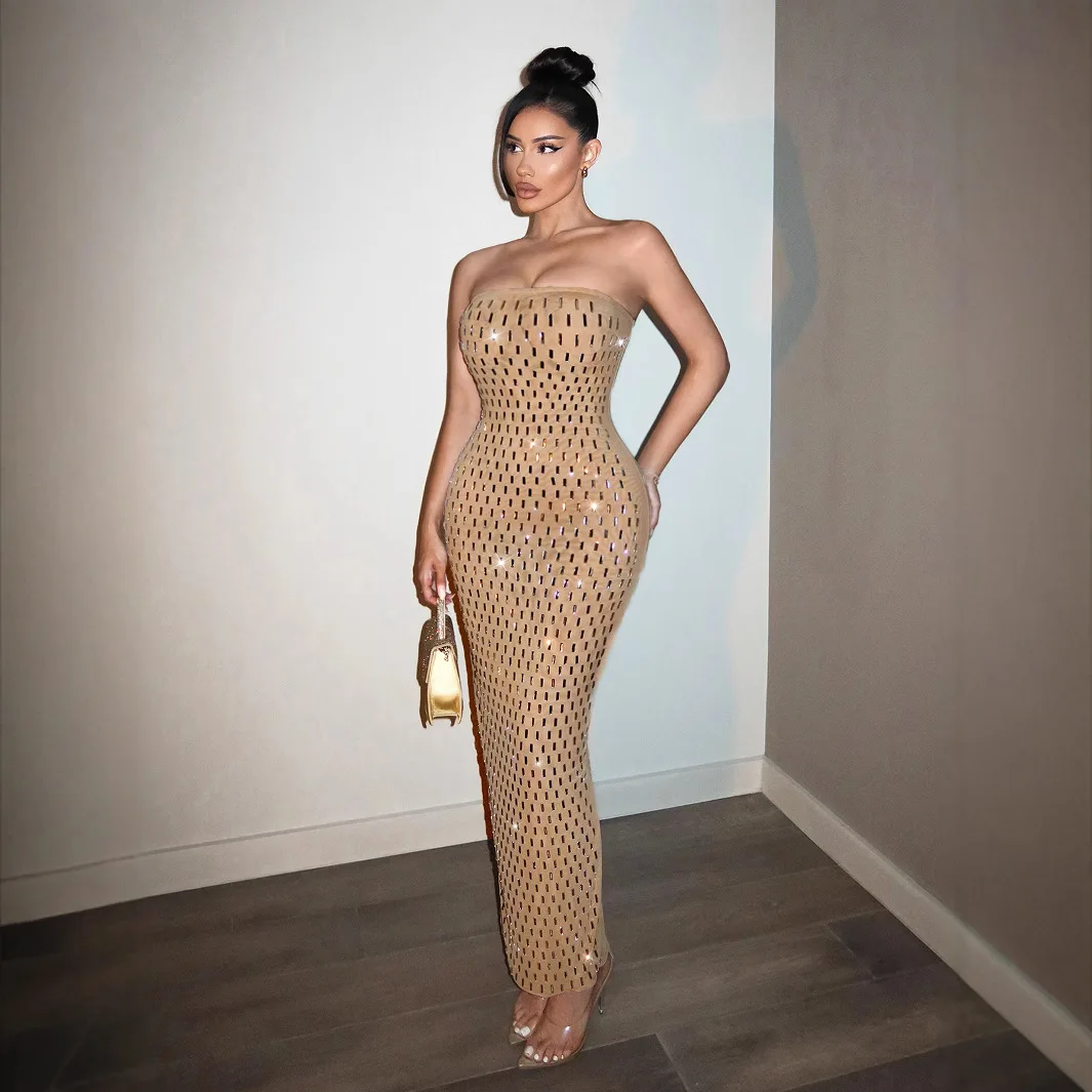 Abito da damigella d'onore lungo sexy con diamanti Abito da ballo europeo con una spalla Svel