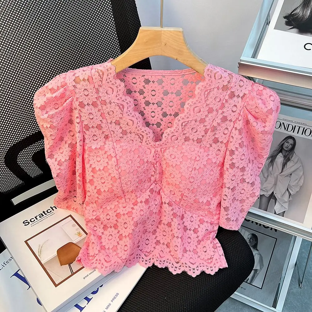 

Faionable Lace Trim V-Ne Top Outerwear Summer New Sle Ele Versatile French Sle Loose Fit ort Sve Pure Color