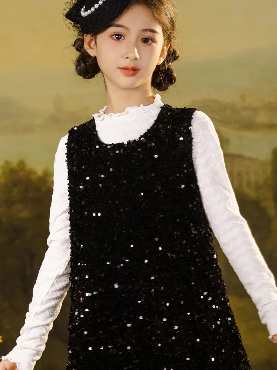 Vêtements d'Automne pour Adolescentes, Robe Noire en Patchwork, à la Mode, Mignonne, pour Bébés Bol, 110cm, 160cm, à Paillettes Brillantes