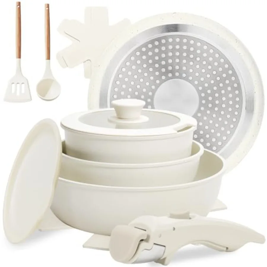 

Набор из 10 предметов: кастрюли и сковороды с антипригарным покрытием и съемной ручкой, керамический набор посуды для индукционных плит, складной, для индукционной кухни