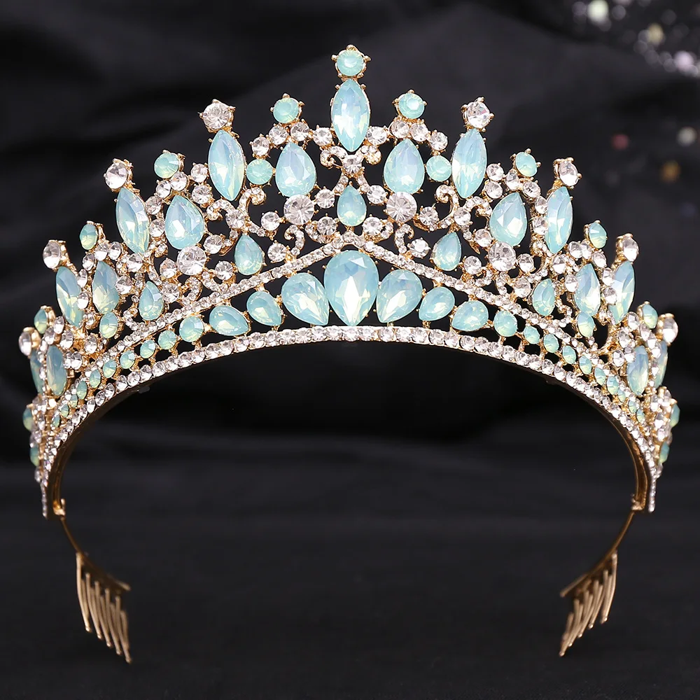 Baroque Blue Green Opal Wedding Crown With Comb Crystal Royal Queen Bridal Tiaras Big Rhinestone Pageant Diadem Head Accessories