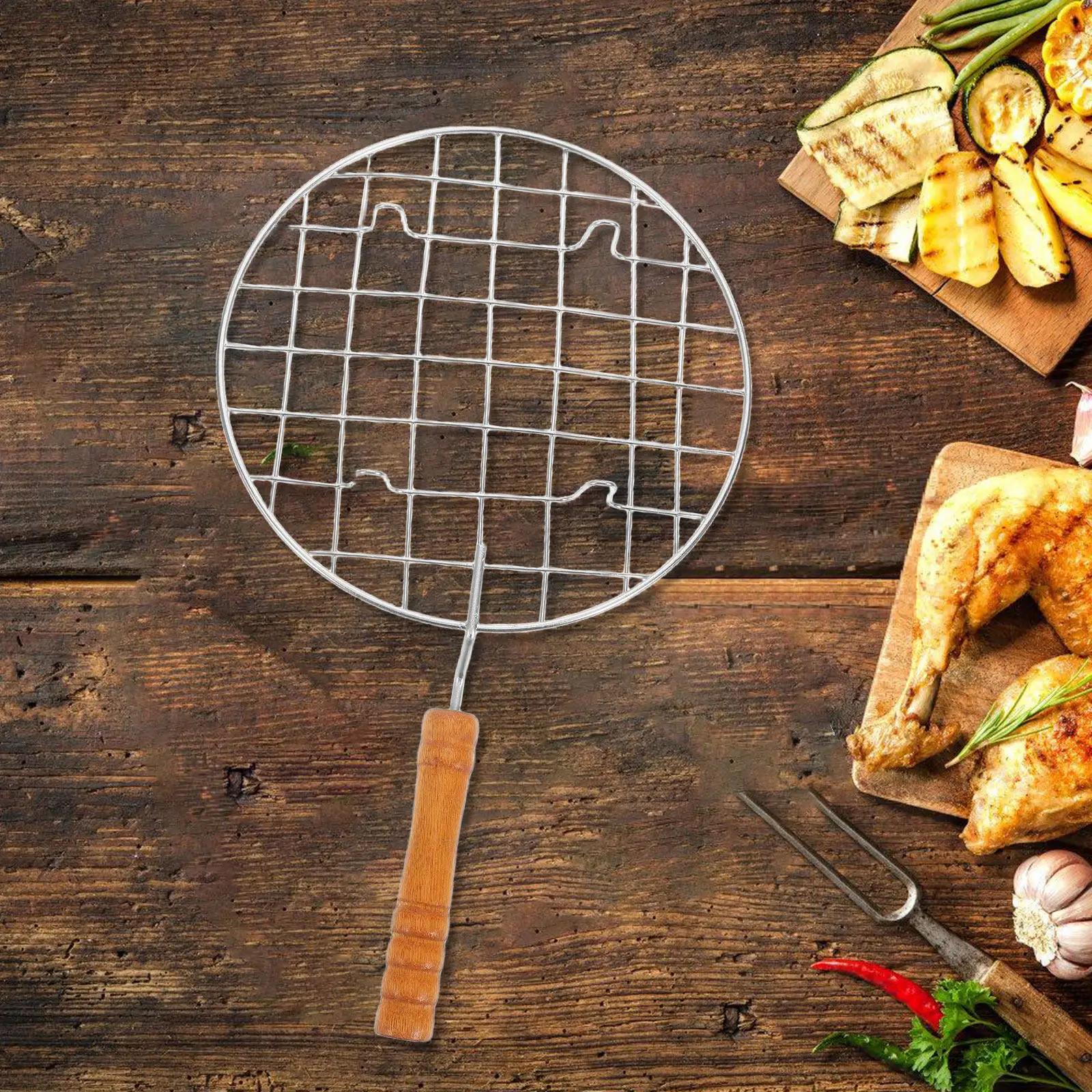 

Круглая сетка-гриль из нержавеющей стали с деревянной ручкой, утолщенная конструкция, для пикника и барбекю на открытом воздухе, многофункциональная