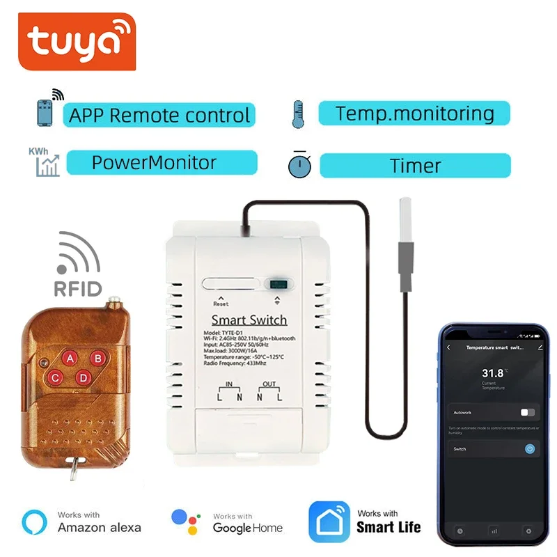 

Tuya Smart Temperature Switch 20A 4000W with Energy Consumption Monitoring RF433 Intelligent Thermostat Compatible with Alexa