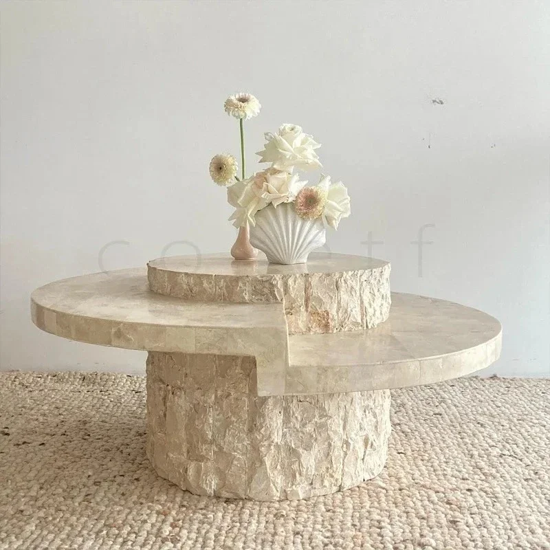 

Журнальный столик из скандинавского натурального травертина, креативная модель отдел продаж комнаты, круглый сломанный журнальный столик