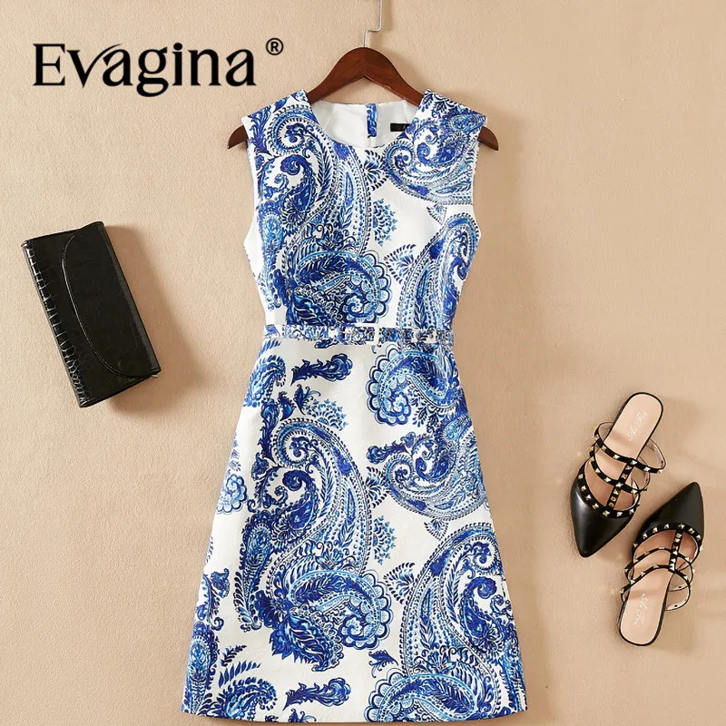 Evagina Fashion design Spring Summer Women's Sleeveless Vintage Printing Lace-UP Slim S-XXL Mini A-Line Dresses