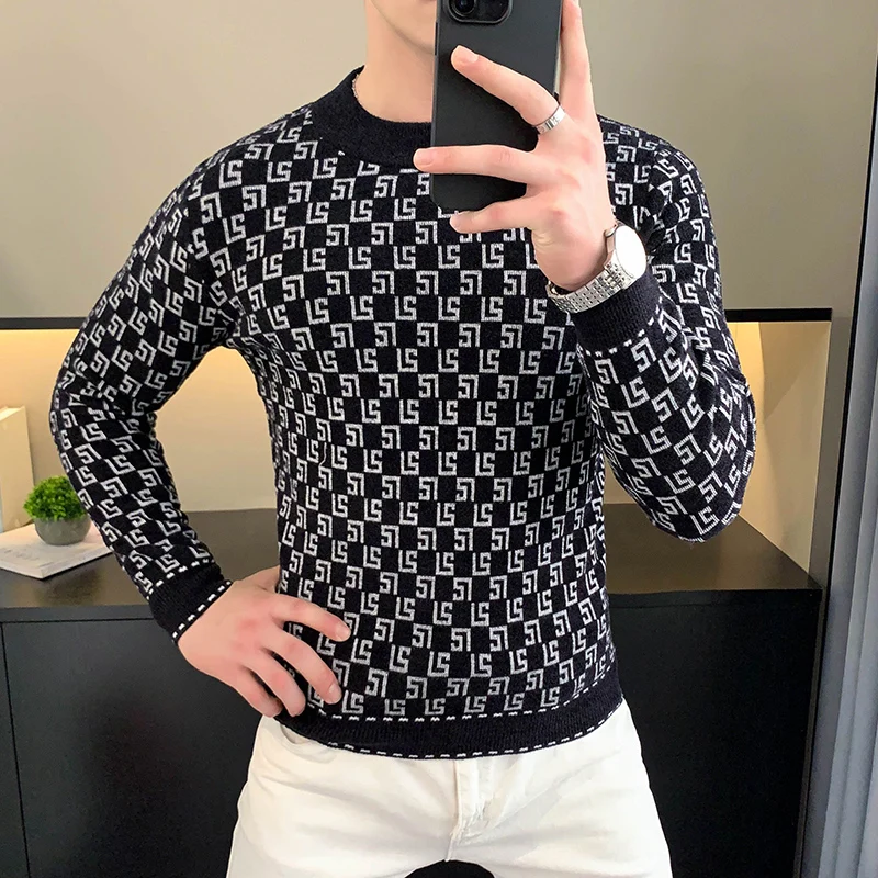 

Brand Autumn Velvet Knitted Sweater Men Slim Fit Long Sleeve Pullovers Round Necked Warm Casual Business Knitwear Tops