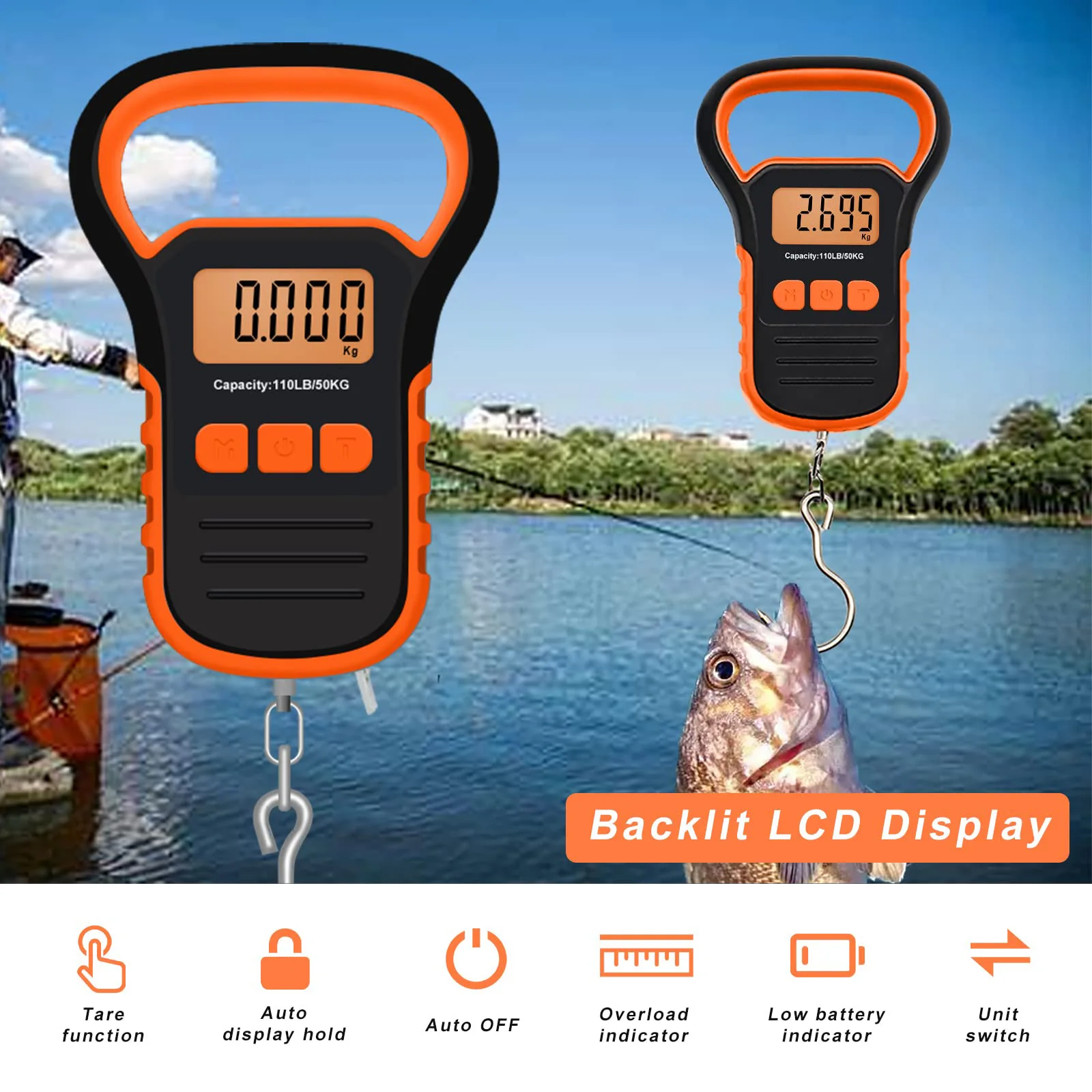 Digital Fish Weight Luggage Scale with Fish Lip Clip, Backlit LCD Display 110lb/50kg Electronic Balance Digital Fishing Rod Hook