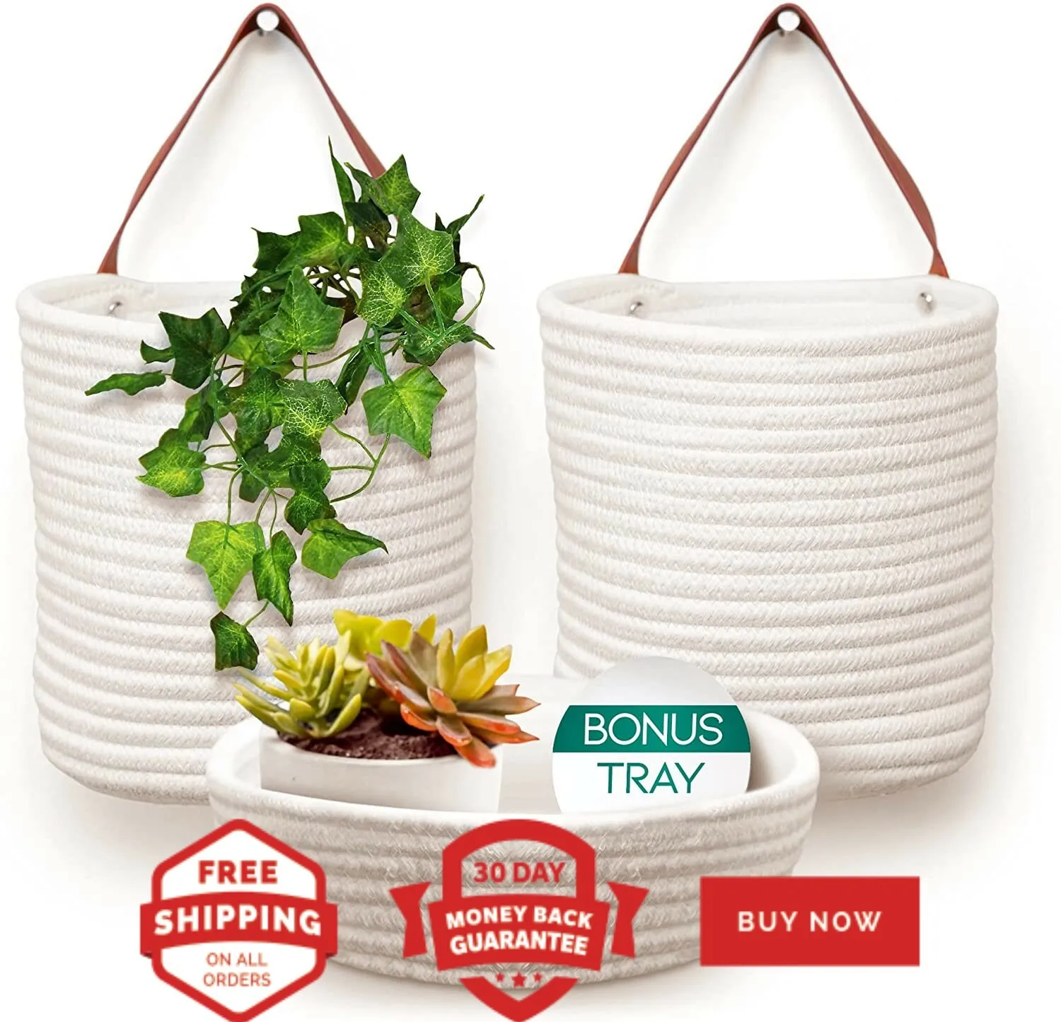 

Wall Hanging Basket Storage Set, 2 White Hanging Baskets & Extra Tabletop Basket