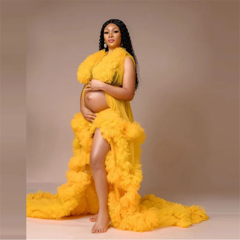 Yellow Maternity Robes Women Puffy Tulle Bathrobe Prom Dresses for Photo Shoot Sleeveless Sleepwear Photography Custom Made