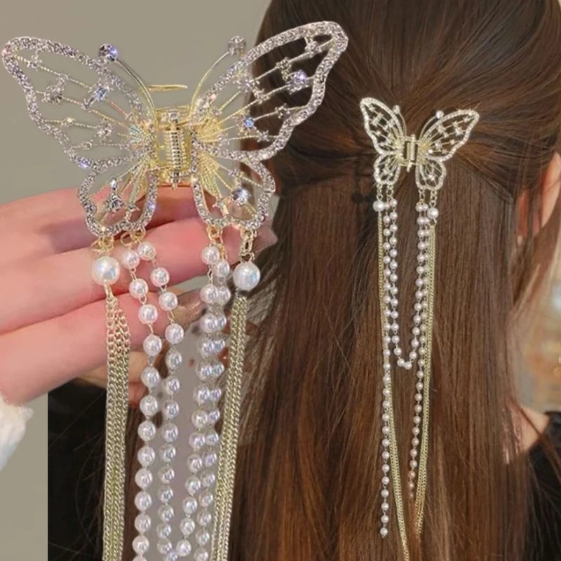 Coreano Borboleta Pérola Borla Clipe de Cabelo para Mulheres, Cristal Garra Simples, Shark Crab Clips, Hairpin Feminino, Acessórios para Cabelo Presente