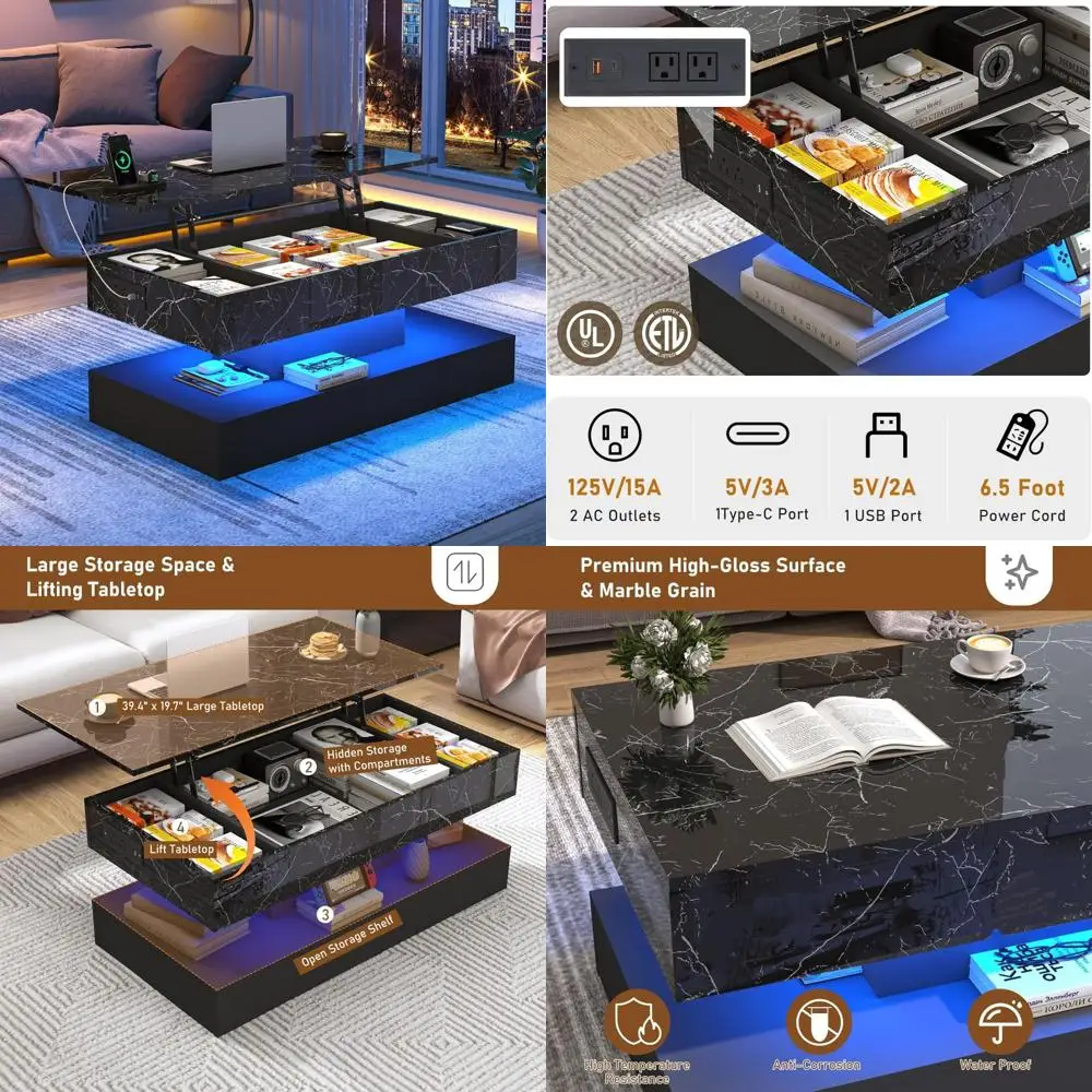 طاولة قهوة كبيرة قابلة للرفع مقاس 39.4 مع قاعدة شحن، وطاولة مركزية حديثة عالية اللمعان مع مساحة تخزين مقصورة مخفية، Bla
