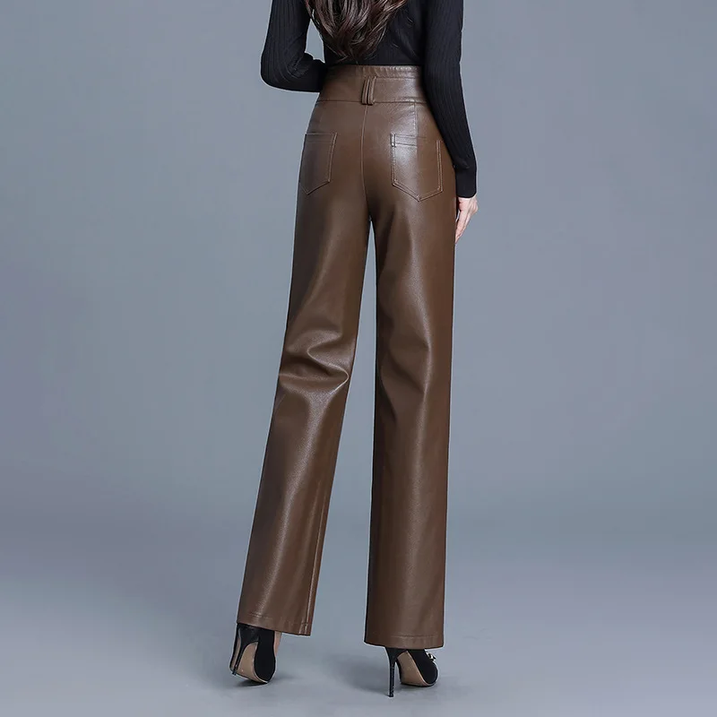 Autumn and Winter New Solid Color High Waist Pu Leather Pants, Fashion Straight Leg Long Pants, Casual Loose Wide Leg Pant Women