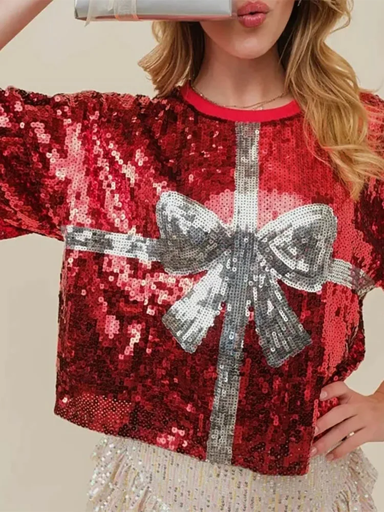 بلوفر نسائي صيفي أنيق لامع مزين بالترتر تي شيرت فضفاض برقبة دائرية 2025 ملابس غير رسمية مطبوعة بنصف كم ملابس خروج Blusa