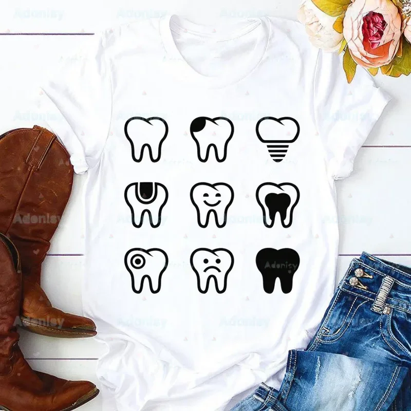 Aesthetic Funny Tooth Dentist Kawaii T Shirt Women 90s Graphic T-shirt Harajuku Tops Tee Cute Short Sleeve Tshirt Female Tshirts