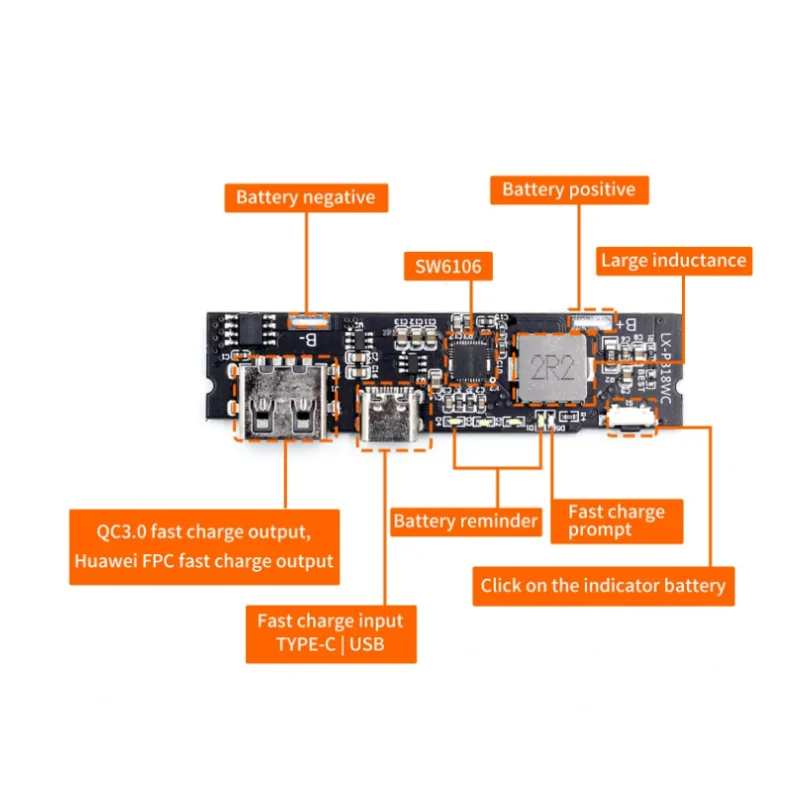 Sw6106 módulo de carga rápida pd, qc3.0, fp, carga rápida em dois sentidos, 5v, 9v, 12v