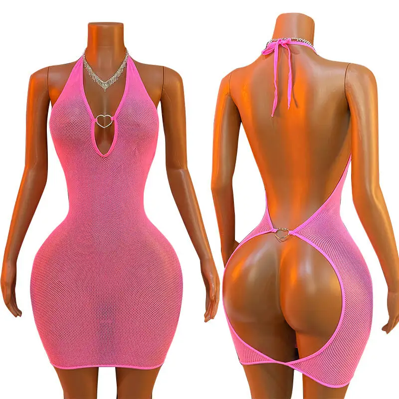 Hot Sexy Women Lingerie Net Teddy Mesh Fishnet Bodysuit Halter Neck Backless Bustier Sleepwear Nightgown Babydoll Dress