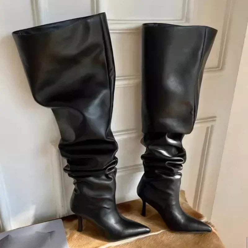 Botas de caballero plisadas por encima de la rodilla para mujer, botas de manga larga, Barreled ancho, moda