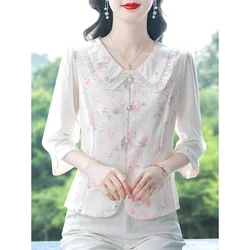 Femme Spring Summer Korean Fashion Button Printing Turn-down Collar Women Shirts Office Lady All-match Patchwork Long Sleeve Top