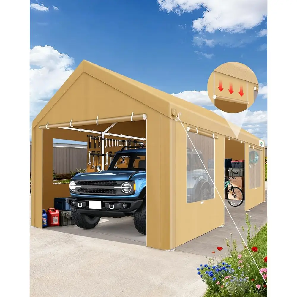 

Heavy-Duty 12x20 Portable Garage with Removable Sides, Windows, and Built-In Sandbags, Khaki
