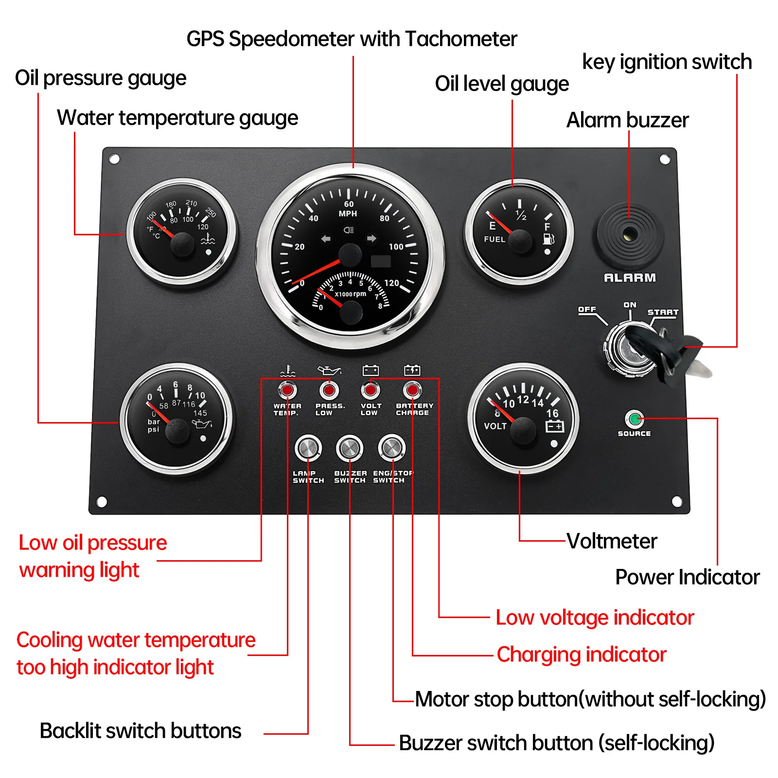 Instrument Switch 5 Gauge Set with Panel + Key 0-120MPH/0-8000RPM Red LED For Marine Boat Car Truck Accessories Rocker Switch