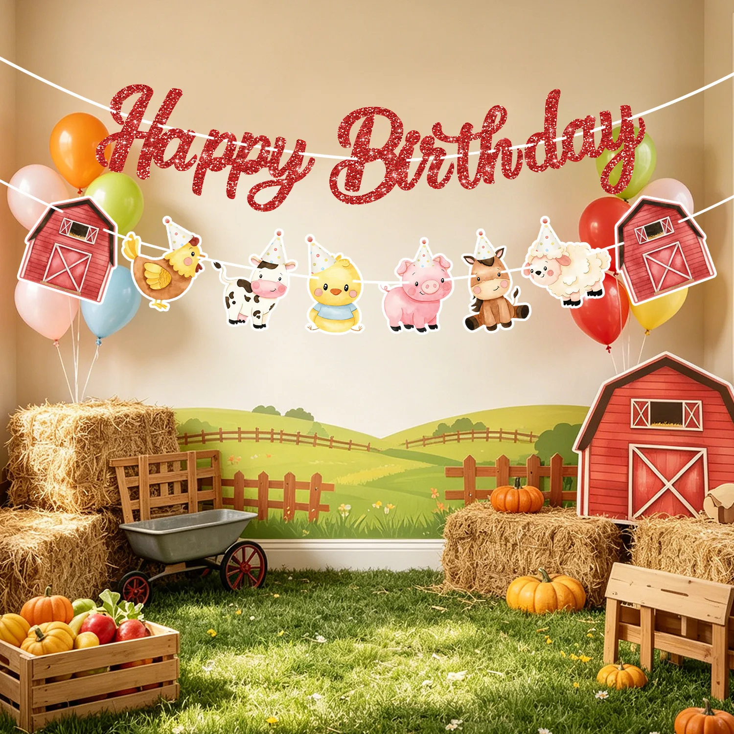Red Farm Animals Theme Happy Birthday Lettering Banner Pull Flag Children's Day Baby Shower Decoration Barn Windmill Animal
