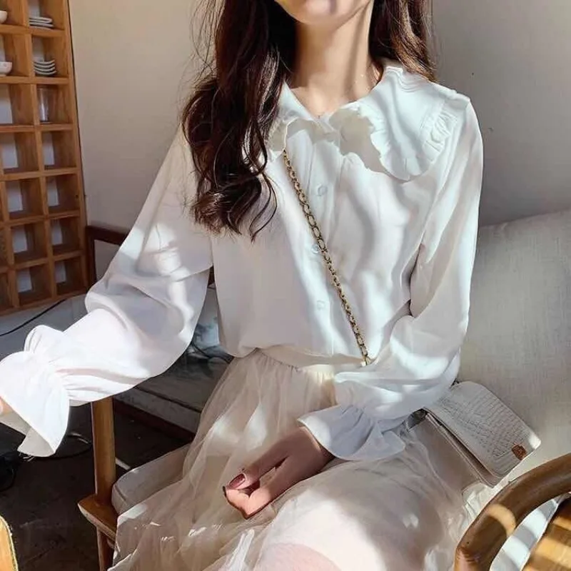 

Shirts Women Sweet Style Ruffles New Fashion Spring Fall Peter Pan Collar Lovely Girl Simple Popular Solid Mujer Blusas Korean