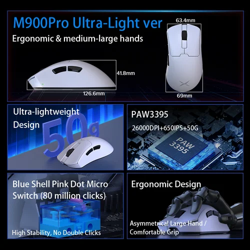 Imagen 2 del producto Delux M900PRO versión ultraligera ratón inalámbrico para juegos ergonómico 1K/8K tasa de orolling 50g PAW3395 para ordenador portátil de mano grande derecha