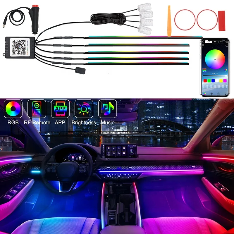 12V Universal LED Acrylic Fiber Optic Strip 128 Colo ul Ambient Light Multiple Modes Atmosphere Music Sync for Car Interior New