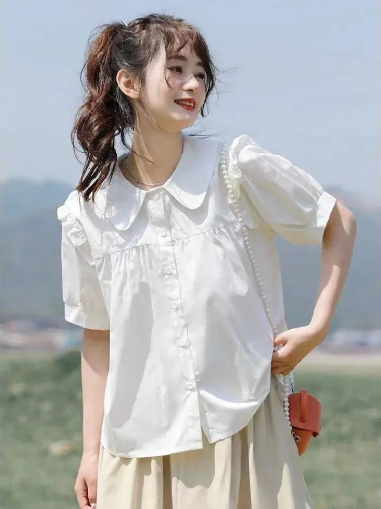 

Women Shirts Short Sleeve Japanese Style College Summer Lovely Simple Schoolgirl Peter Pan Collar Leisure All-match Clothing Y2k