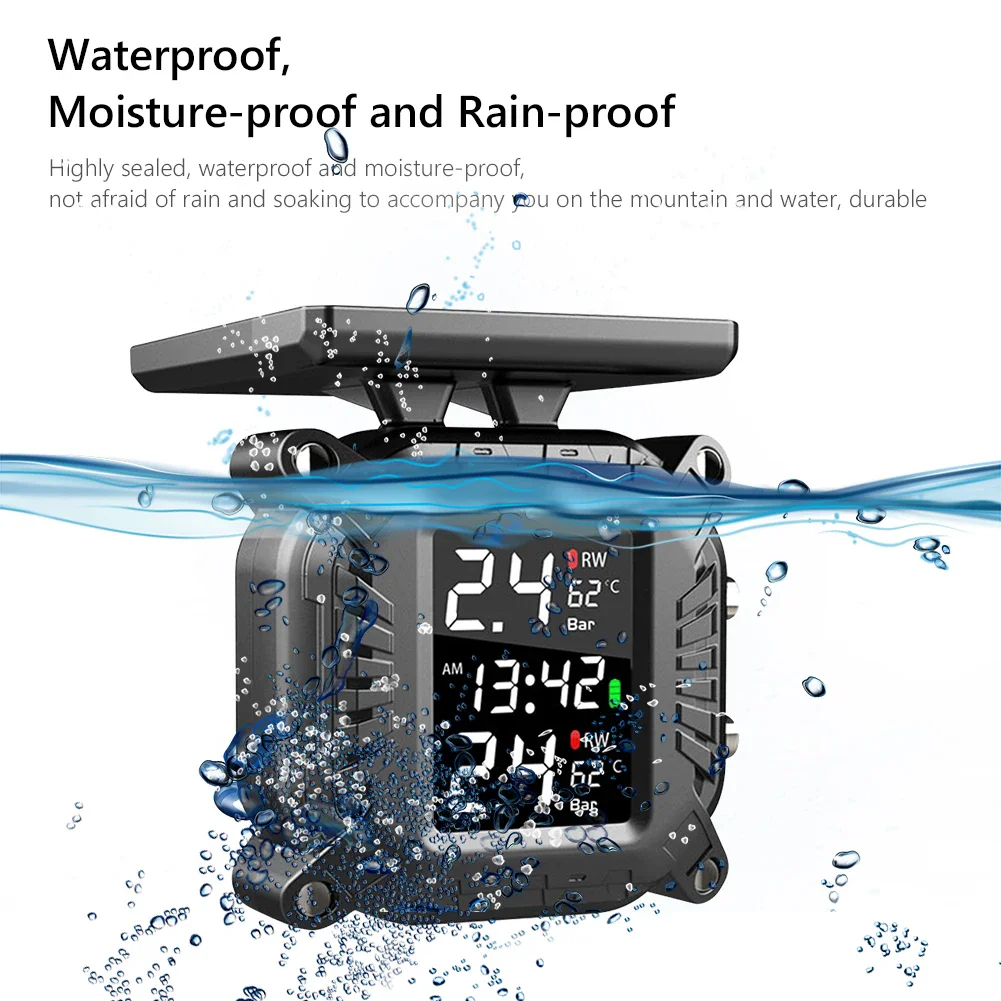 Motorcycle TPMS Solar Power Tire Pressure Monitor Wireless Tire Pressure Monitoring System Tyre Temperature Sensor Alarm System