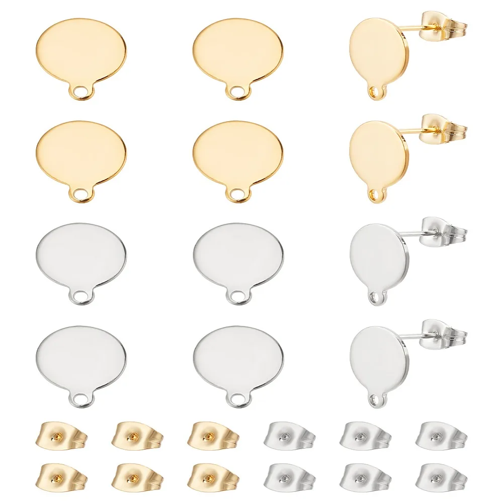 

1set 12pcs 2 colors 304 Stainless Steel Stud Earring Findings with Loop and Ear Nuts Stainless Steel color 13x10.5x0.5mm 12mm