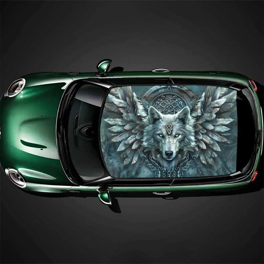 

Car vinyl wraps with a majestic pattern of a wolf's head adorned with chains, car roof graphic stickers, showcasing unique artis