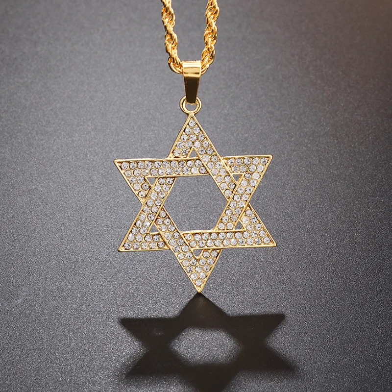 Hip Hop Ice Crystal Zirconia Star of David Hexagram Pendant Necklace for Men Personalized Pendant Israeli Jewish Jewelry Gift