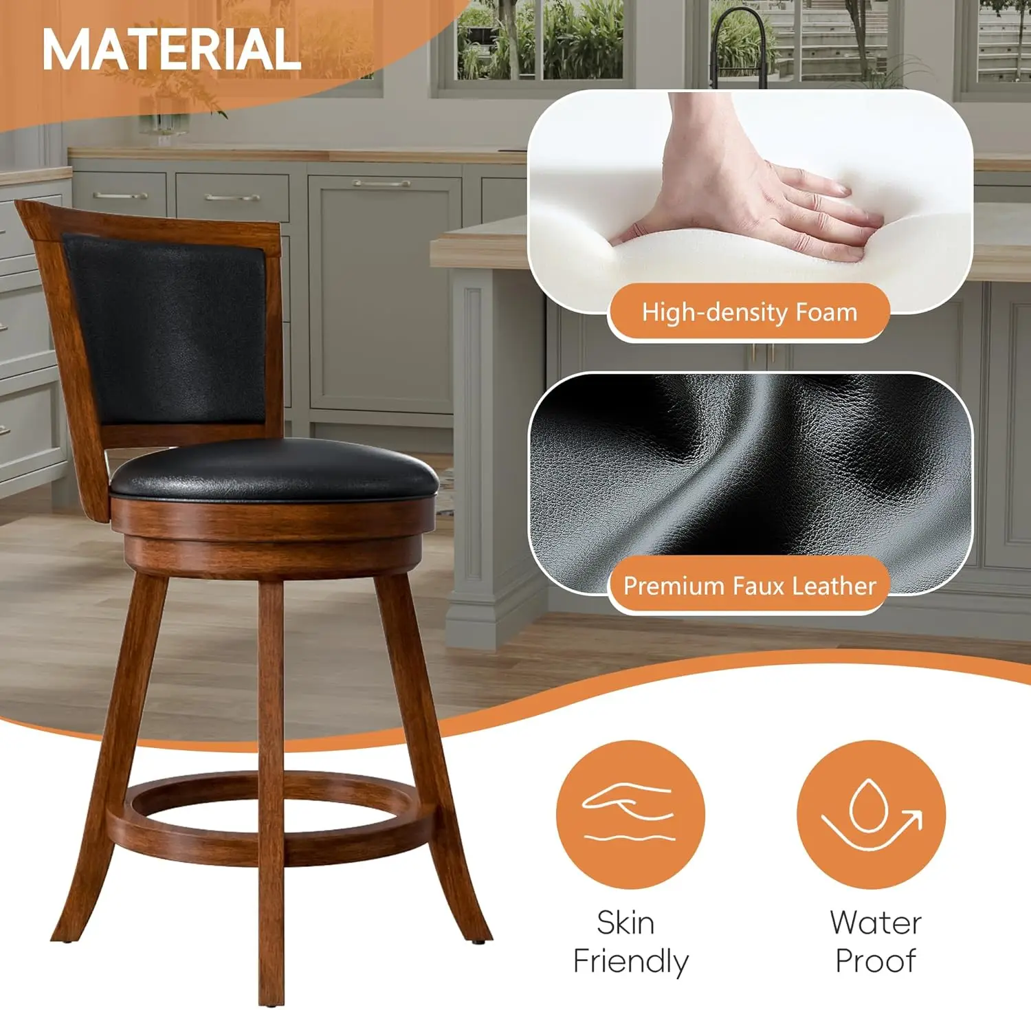 회전식 바 스툴 2개 세트, 갈색 인조 가죽, 등받이 및 발판 포함, 견고한 나무 다리