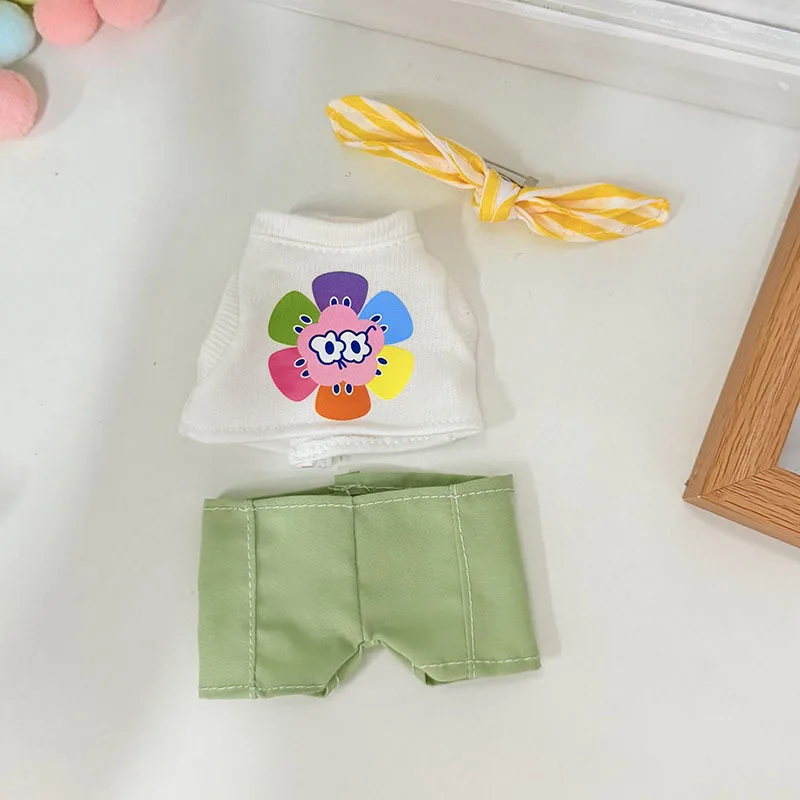 

Clothes For Labubu Set With Colorful Flower Printed Top Green Bottoms Yellow Striped Bow For 15/17cm Labubu Dolls 1st-3rd Gen