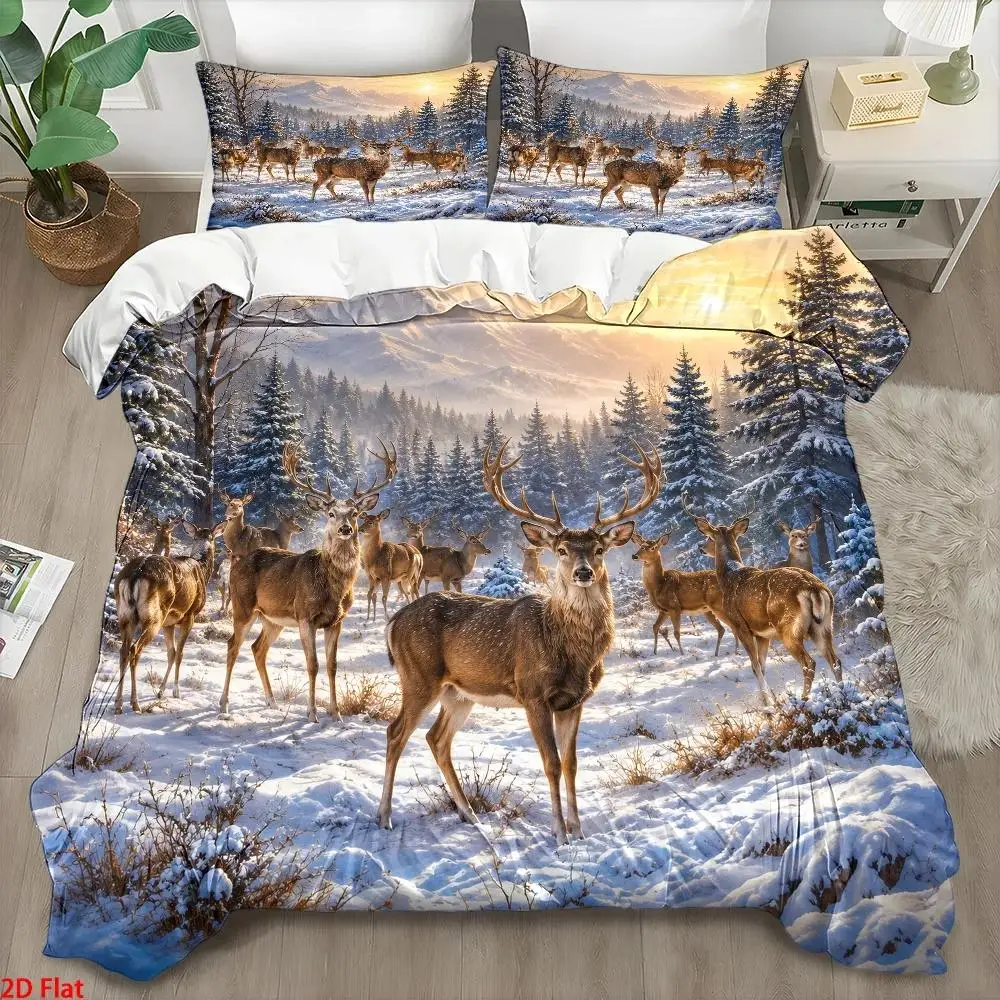 3Pc_Nordic Style Elk and Snow Scene Printed Quilt Cover Set, Three-Piece Bed Set (1 Quilt Cover + 2 Pillowcases), Double Bed Bedding Suitable for All Seasons, Quilted Quilt Cover Is Skin-Friendly, Breathable, Easy to Clean and Durable, Invisible Zipper, Machine Washable, Wrinkle-Resistant, Modern and Simple
