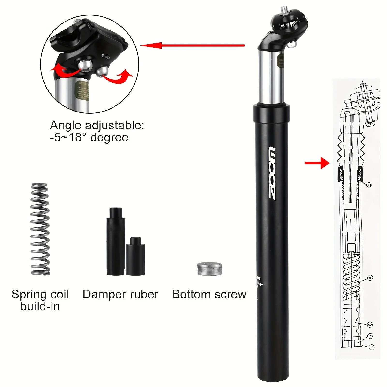 Bike Suspension Seatpost-50mm Travel, 350mm Length, Lightweight Aluminum Tube, Bike Seat Shock Absorber Post Compatible With E-