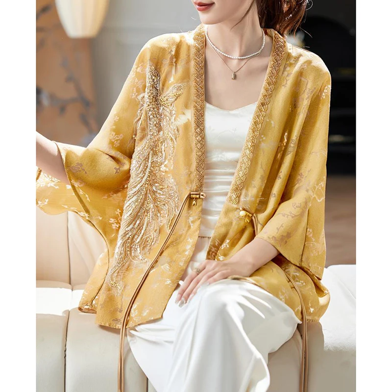 

Elegant Lace Up Hollow Out Beading Sequined Batwing Sleeve Shirts Women Clothing 2025 Summer New Loose Tops Office Lady Blouses