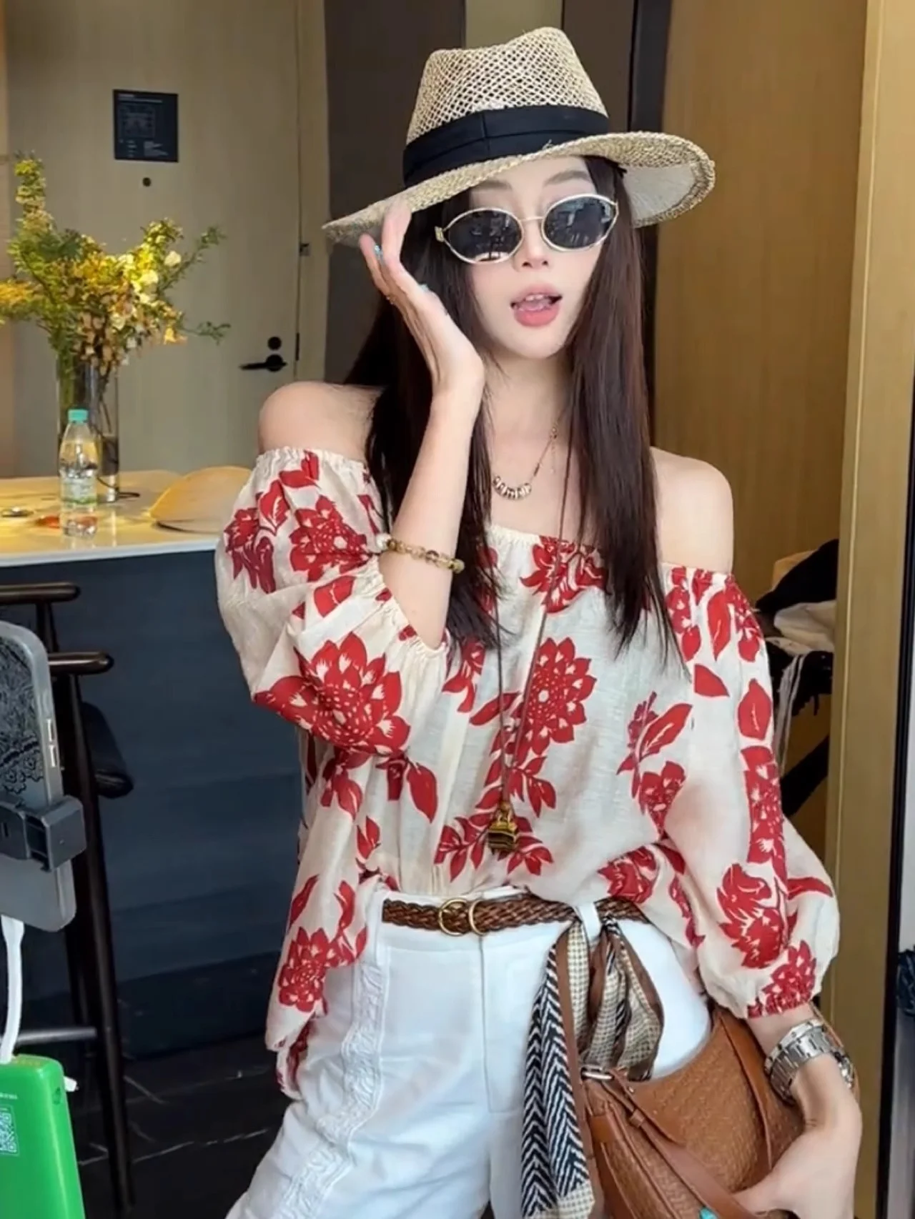 

Rouje Wardr Vaion Sle, топ на одно плечо с цветочным принтом, женский летний свободный топ без рукавов, повседневная модная повседневная одежда