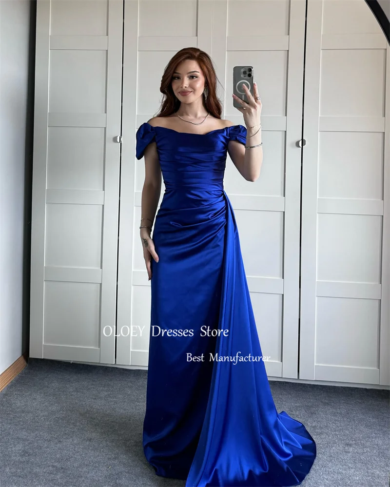 OLOEY Royal Blue Satin Evening Dresses Arabic Women Off Shoulder Satin Pleats Long Prom Gowns Formal Occasion Party Dress