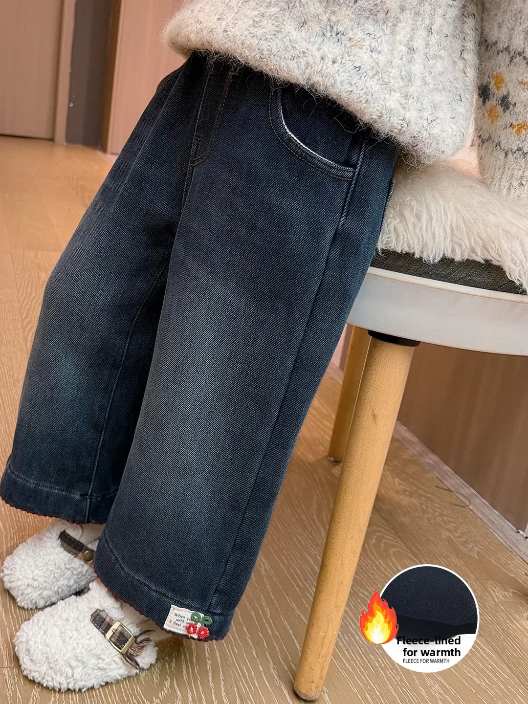

Girls Fce Lined Casual Straight Leg Jeans Faionable Baby Winter Pants High Waist Long Trousers Asymmetric Design